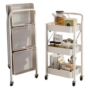 윙드 조립없이 접이식 핸들 트롤리 이동식 트롤리 수납카트 간식 선반 책 정리 다용도, 1개, 화이트