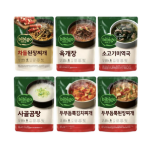 비비고 김치찌개 460g + 된장찌개 460g + 소고기미역국 500g + 육개장 500g + 차돌된장찌개 460g + 사골곰탕 500g