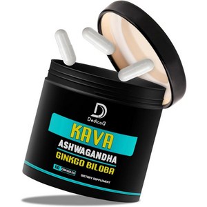 DEDICAD Kava 카바카바 60캡슐 1200mg 아슈와간다 뿌리 추출물 징코 빌보바 은행잎, 60 Count (Pack of 1), 1개, 60정