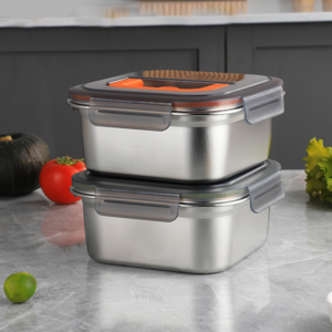 SMABAT 스테인리스 밀폐용기 2P세트 인덕션 스텐용기 2000ML 냉장고 김치통 반찬통 다용도 스테인리스 보관용기 세트