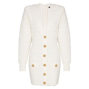 발망 버튼 장식 트위드 미니 드레스