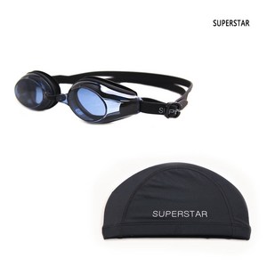 슈퍼스타 수경 SS1550 보급형 아시안핏 물안경+스판수모 세트, SS1550블랙+스판블랙