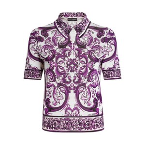 돌체앤가바나 마졸리카 프린트 실크 폴로 탑, 화이트계열+바이올렛/보라계열, Italy 38(KR 33)