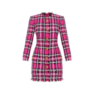 발망 프린지 버튼 플레이드 드레스, 핑크계열+블랙계열, France 38(KR 66)