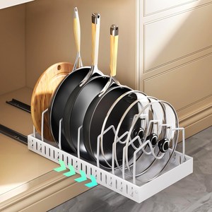 Ryusei 후라이팬 정리대 슬라이딩 프라이팬 수납 보관함 양념통 정리+ 후라이팬 보관 2in1 싱크대 칸막이 조절 가능 선반 JHC075