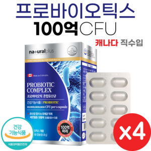 프로바이오틱스 100억 유산균 캡슐 식약청 인증 100억마리 생유산균 락토바실러스 플란타럼 람노서스 gg 비피더스균 복합 유산균 개별포장 캐나다산, 60정, 4개, 60정