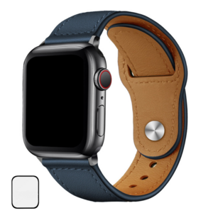 NUBASE 애플워치 9스트랩 호환 단추 가죽스트랩 + 필름 1P 세트, 네이비