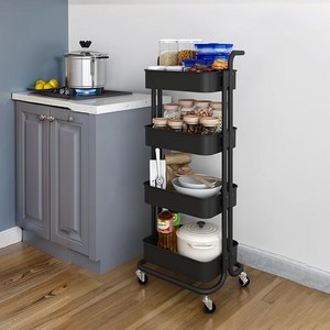 레퓰리 철제 트롤리 선반 3단 이동식 다용도 수납 4단 정리함 수납통포함, 블랙4단