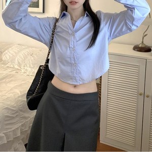 쪼예 데일리 라운드 언발 컷팅 크롭 긴팔 셔츠