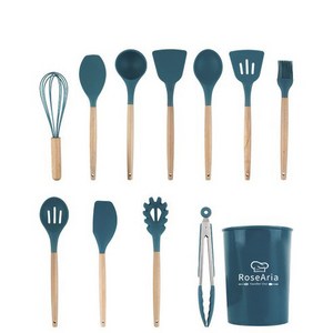 Rosearia 실리콘 나무 손잡이 주방 조리도구 12종 세트 수납통 포함