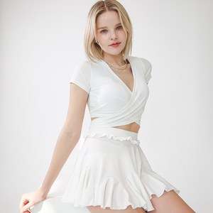 화이트 골지 랩 반팔 치마 투피스 수영복