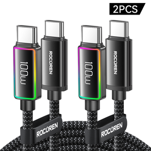 Rocoen LED PD 100W c to c 유형 초고속 충전 케이블 USB C 100W 알루미늄 합금 조명 디스플레이 케이블 데이터 전송, 2개, Black, 2000mm