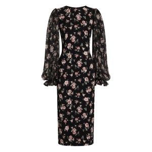 돌체앤가바나 퍼프 소매 플로럴 미디 드레스, 블랙계열+핑크계열, Italy 38(KR 33)