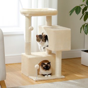 PAWZ Road 4단 소형 패브릭 캣타워 더블 숨숨집 고양이 하우스, 베이지, 1개