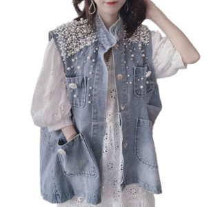 여성용 데님 베스트 루즈핏 진주 장식 민소매 청조끼 Women's vest