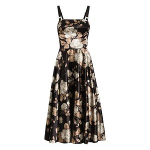 돌체앤가바나 로즈 프린트 새틴 미디 드레스, 블랙계열, Italy 44(KR 66)