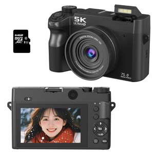 RUNHome WIFI 5K 고급 디지털 카메라 앞뒤 7500W 캠코더 선물 여행용 인생+64GB 메모리