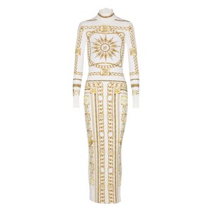 발망 그래픽 프린트 바디콘 드레스, 화이트계열+골드계열, France 34(KR 55)