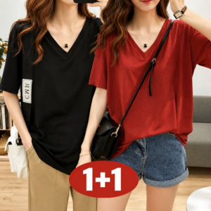오스틱니 (완전 편한) 150kg까지 빅사이즈 1+1 여성 브이넥 솔리드 일자 티셔츠 반팔 여름 원단좋은 루즈핏 오버핏 날씬해보이는 심플 데일리 패션 기본티 미디티 면 박스티 티