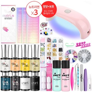 젤 부작용 해결-유리미 올인원 건강한 젤네일 세트_ 손톱영양보호 젤 베이스 3장(60pcs) + 컬러젤 6종 + 젤네일재료세트, 1세트, A컬러 세트