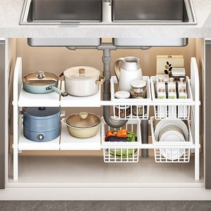Tiger Pavilion 폭조절 싱크대 하부장 정리선반 2단 4보드 바구니 4개 포함, 88x25x48.5..., 화이트, 1개