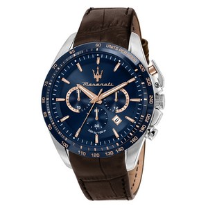 마세라티 남성 트라가도 가죽 스트랩 쓰리 아이즈 크로노그래프 쿼츠 시계 45mm R8871612037