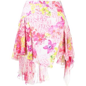 베르사체 비대칭 플로럴 프린트 러플 스커트