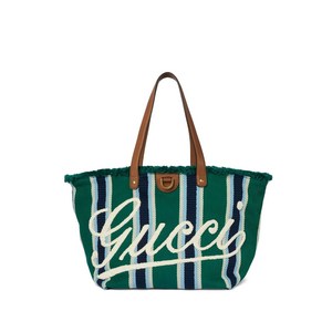 구찌 스트라이프 로고 자수 헤링본 토트 백