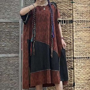 빅사이즈 여성 빈티지 에스닉 패치 패치워크 포켓 미디 롱 원피스