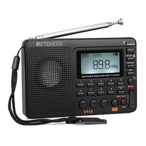 RETEKESS V115 라디오 FM AM SW 휴대용 라디오 고성능 소형 단파 라디오 충전식 배터리 MP3 다기능 테레오 스피커 레코더 지원 TF AUX 입력, 1) Black