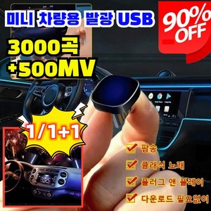 1/1+1미니 차량용 발광 USB 차량용 고음질 usb 차량탑재고품질 무손상음악 전용 음악usb 3000곡+500MV, 16GB USB 포트 인터페이스, 기아