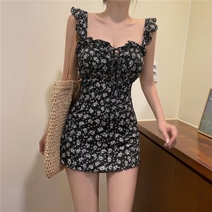 SAHINER 여성 스퀘어넥 플라워 나시 원피스 수영복 AYY01, L, 블랙