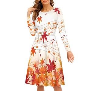 PZZ BEACH Women Dresses Fall Thanksgiving Maple Casual Midi Dress Musical Note Long Sleeve Cocktail