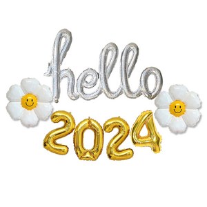 연말파티 헬로 2023 풍선 세트 3종 별 새해 신년 파티용품, 1흘림체 hello,골드,데이지 꽃2p