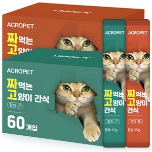 아크로펫 짜먹는 고양이 간식 대용량 스틱형 영양간식 츄르, 120개, 15g, 참치+연어