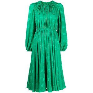 돌체앤가바나 로고 프린트 실크 플레어 미디 드레스