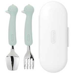 에디슨 유아 실리콘 스푼 포크 케이스 세트, 오리민트, 스푼 + 포크 + ..., 1세트