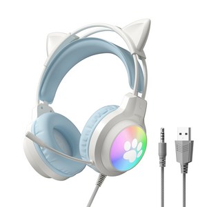 RGB 유선 게이밍 헤드셋 귀여운 디자인 LED 고양이 귀 마이크 탑재