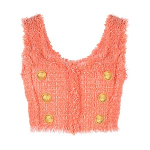 발망 버튼 트위드 크롭 탑, 오렌지계열, France 36(KR 55)