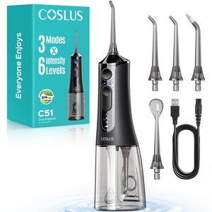 COSLUS 코슬루스 6단 수압+3종 모드 휴대용 구강세정기 IPX7 급방수+4개 노즐팁
