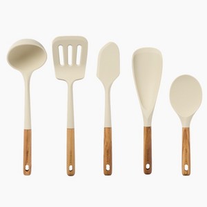 트루쿡 이탈리아산 올리브 실리콘 조리도구 5종 세트, 1개, 베이지, 국자 + 뒤집개 + 주걱 + 스패츌라 + 멀티스푼