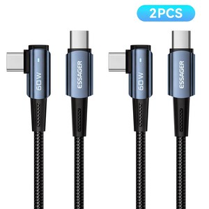 Essager PD 60W C to C타입 엘보 90도 L자형 고속충전 케이블 2개입/PCS iphone 16 고속충전 지원, 블루, 2개, 2m