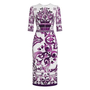 돌체앤가바나 마욜리카 프린트 미디 드레스, 화이트계열+바이올렛/보라계열, Italy 42(KR 55)
