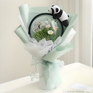 뷰티풀데코센스 조화 싱바오 판다인형 머리띠 아크릴 풍선 꽃다발, 그린, 1개
