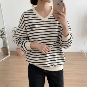 데일리앤 더스트 여성 루즈핏 자수 레터링 긴팔 맨투맨 기본 면 스트라이프 티셔츠 봄