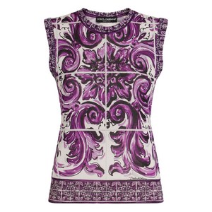 돌체앤가바나 마욜리카 프린트 실크 탑, 화이트계열+바이올렛/보라계열, Italy 38(KR 33)