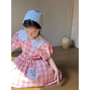 순면 깅엄체크 자수 포인트 블라우스 미디 스커트 상하세트 유아 주니어 여름