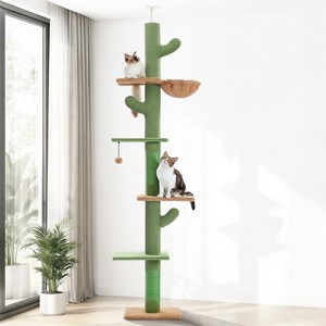 PAWZ Road 5단 대형 선인장 모양 플러시 패브릭 캣폴 천장 고정형 높이 조절 캣타워 해먹 239-275cm
