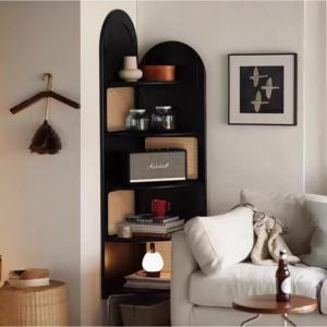 semoharu 원목 코너 책장 라탄 패턴 스탠드 선반 5단 장식장, 1개, 2. 블랙