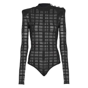 발망 버튼 플레이드 패턴 바디수트